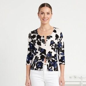 Floral Button Front Cardigan Blue Black White Rayon Blend Knit Sweater Womens